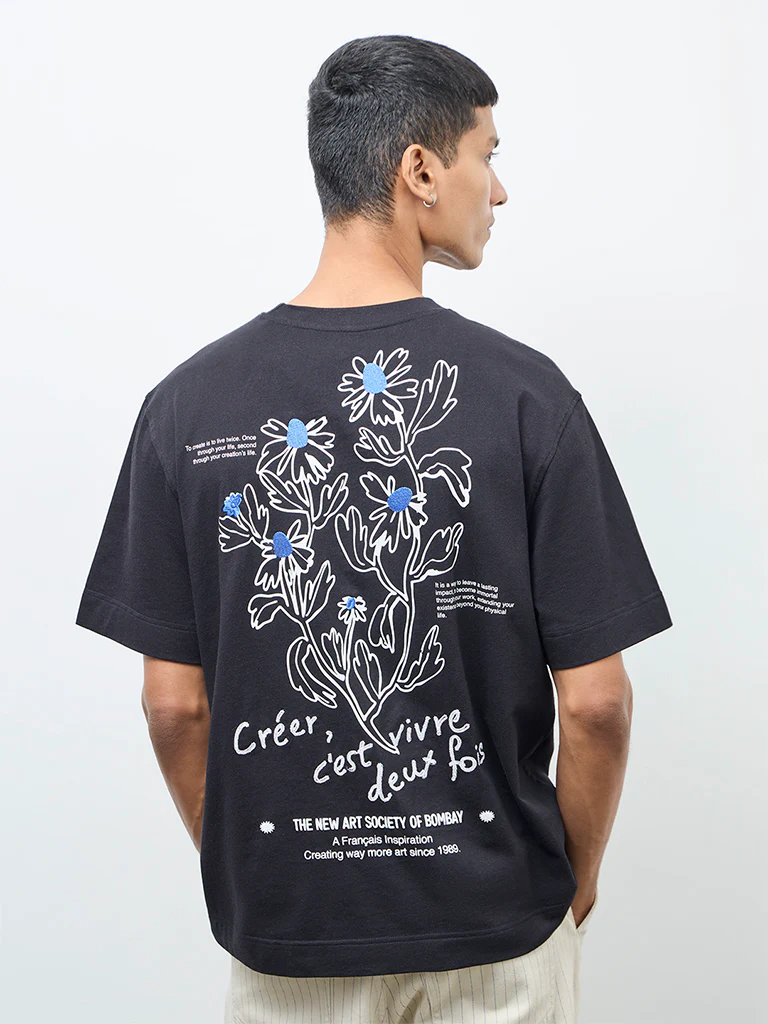Nuon Black Floral Relaxed-Fit Cotton T-Shirt - Image 4