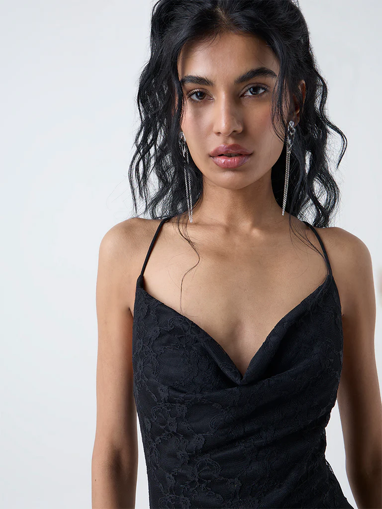 Nuon Black Lace Cowl-Neck Party A-Line Dress - Image 2