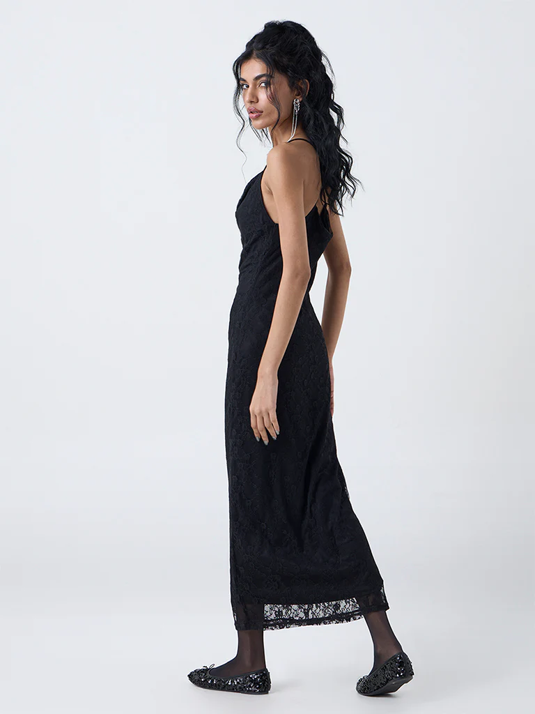 Nuon Black Lace Cowl-Neck Party A-Line Dress - Image 4