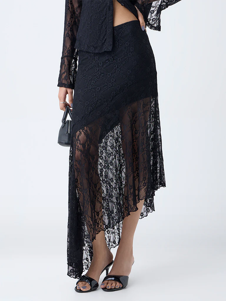Nuon Black Lace Detailed Asymmetric High-Rise Skirt - Image 2