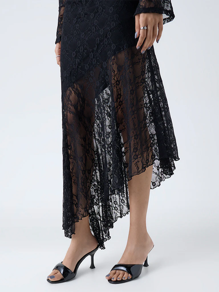 Nuon Black Lace Detailed Asymmetric High-Rise Skirt - Image 3