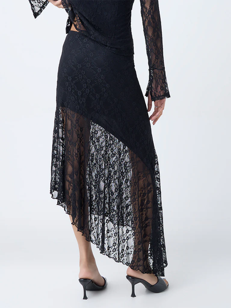 Nuon Black Lace Detailed Asymmetric High-Rise Skirt - Image 4