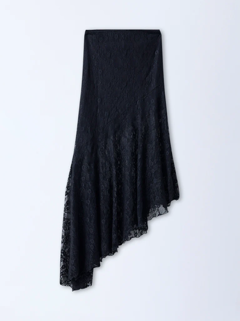 Nuon Black Lace Detailed Asymmetric High-Rise Skirt - Image 5