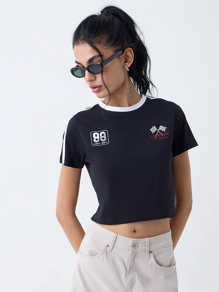 Nuon Black Printed Cotton T-Shirt - Image 2
