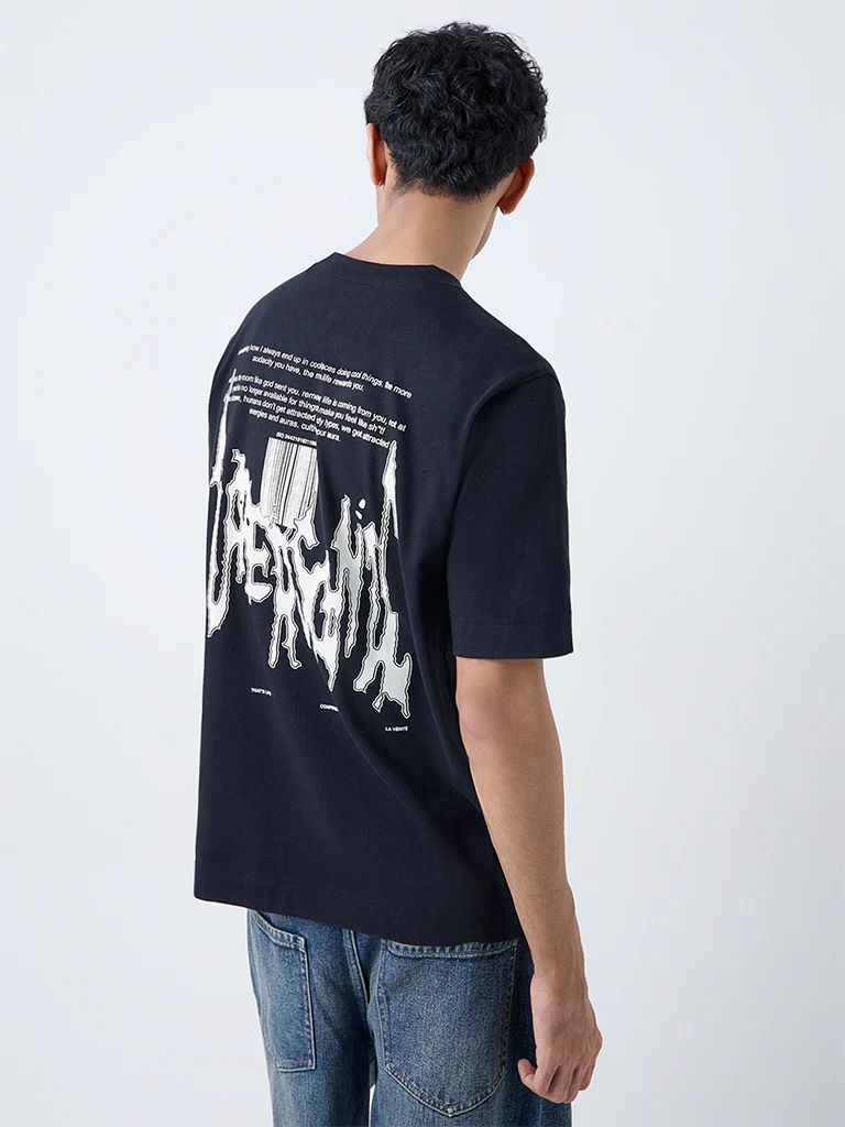 Nuon Black Printed Relaxed-Fit Cotton T-Shirt - Image 4