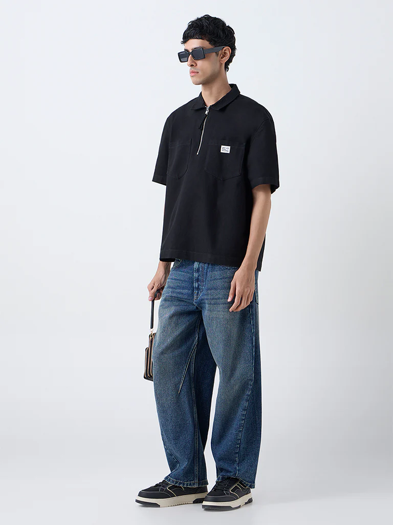 Nuon Black Relaxed-Fit Cotton Quarter-Zip T-Shirt - Image 3