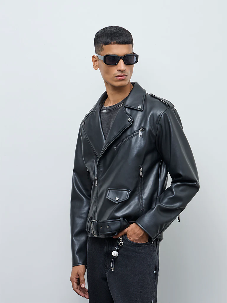 Nuon Black Relaxed-Fit Faux-Leather Jacket - Image 2