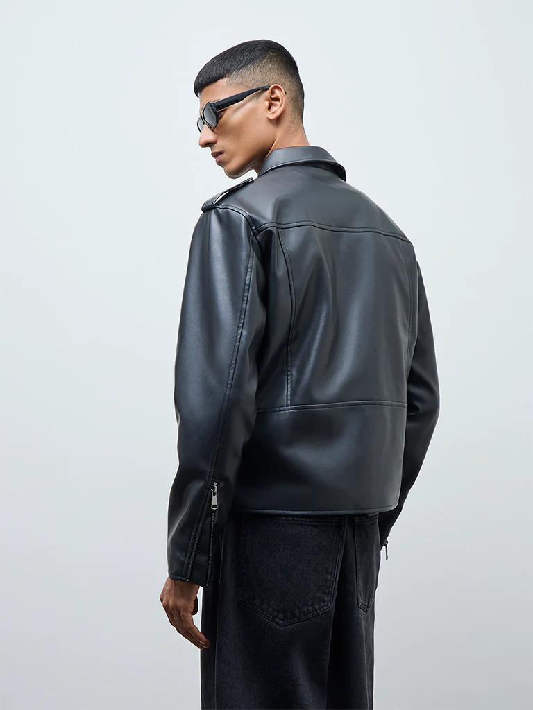 Nuon Black Relaxed-Fit Faux-Leather Jacket - Image 4