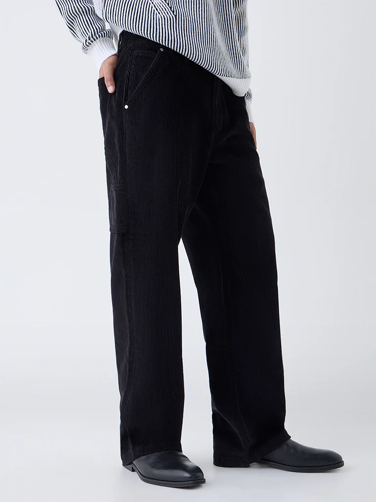 Nuon Black Relaxed-Fit Mid-Rise Corduroy Trousers - Image 3