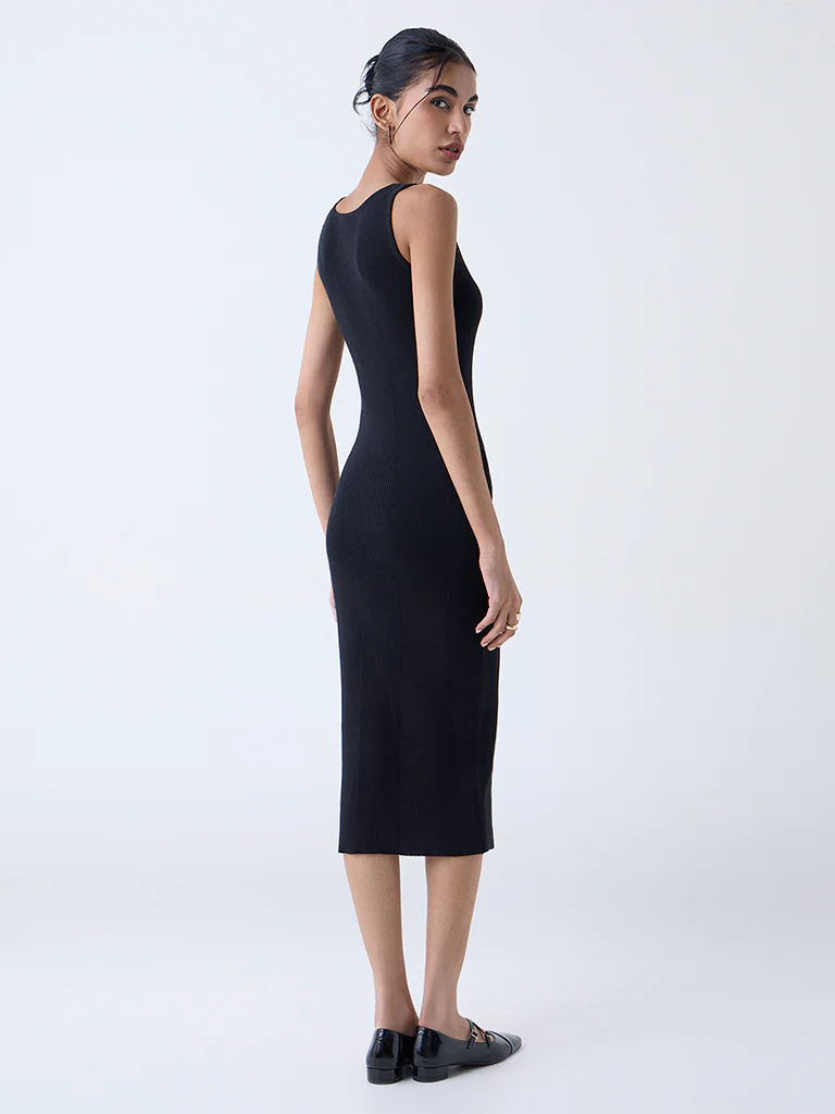 Nuon Black Ribbed Cotton Bodycon Dress - Image 4