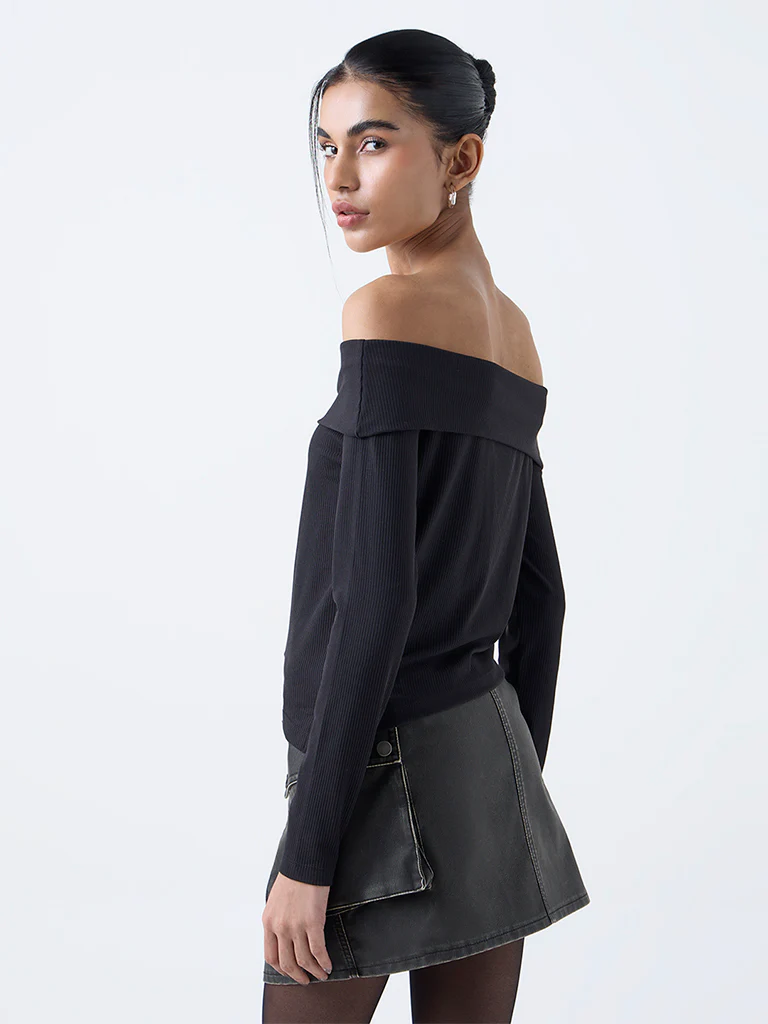Nuon Black Ribbed Off-Shoulder Cotton-Blend Top - Image 3
