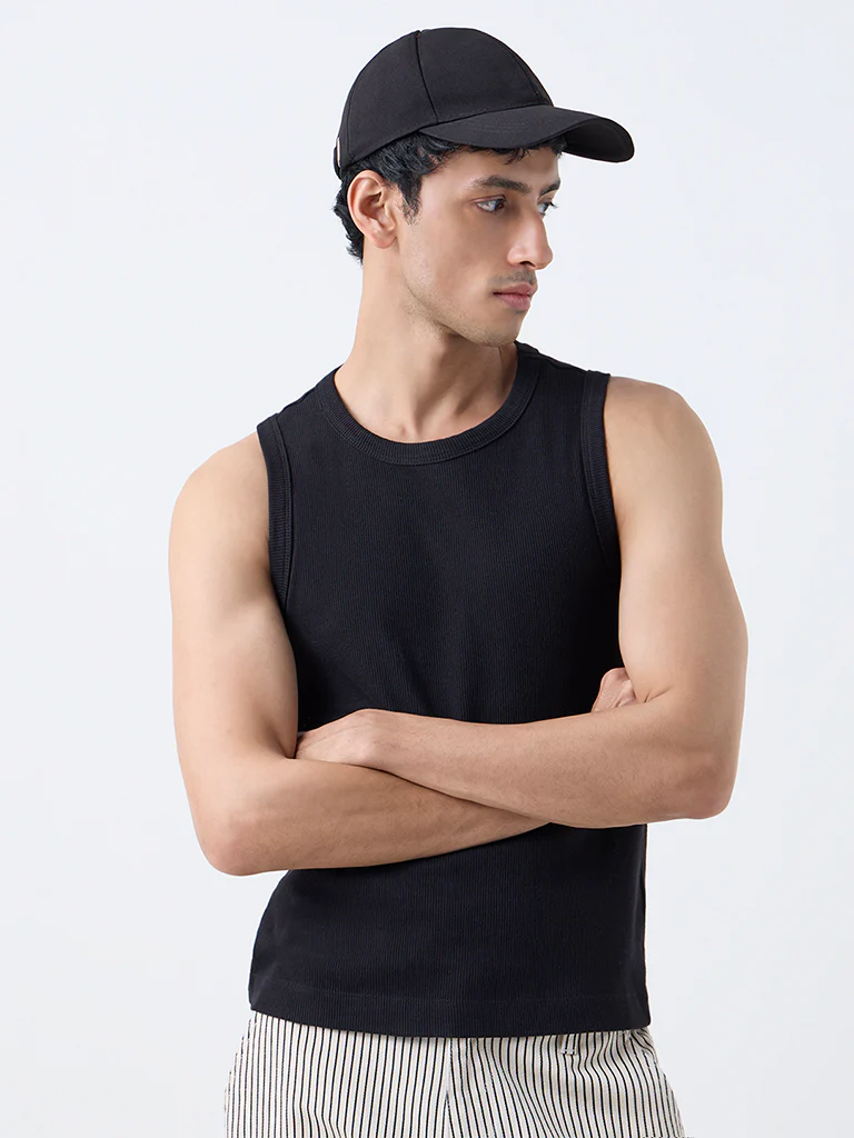 Nuon Black Ribbed Slim-Fit Cotton-Blend T-Shirt - Image 3