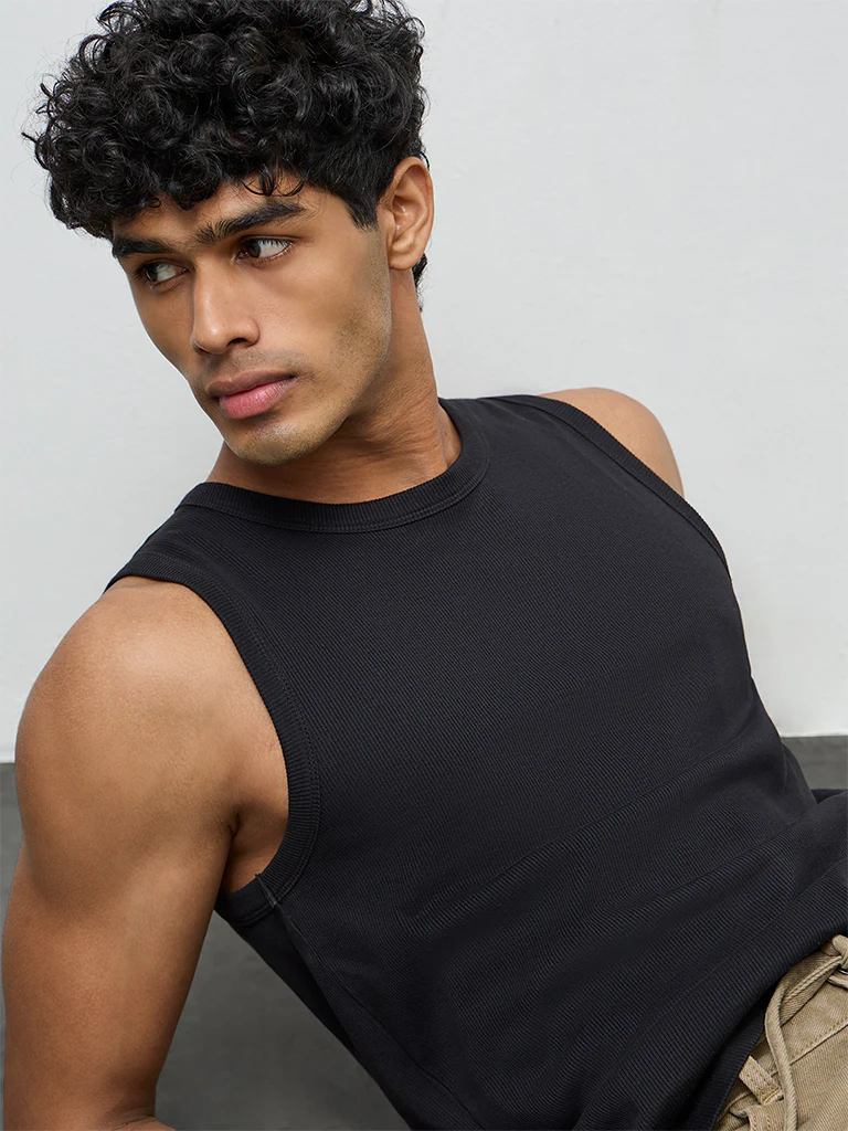 Nuon Black Ribbed Slim-Fit Cotton-Blend T-Shirt - Image 4
