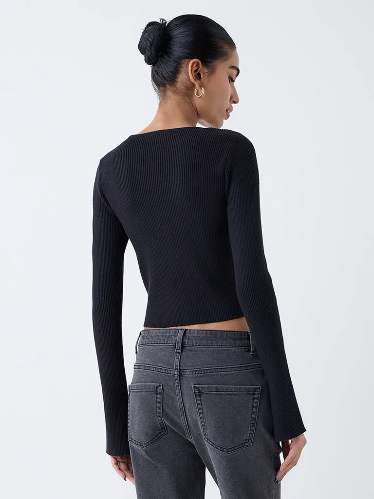 Nuon Black Ribbed Textured Cardigan with Inner - Image 4
