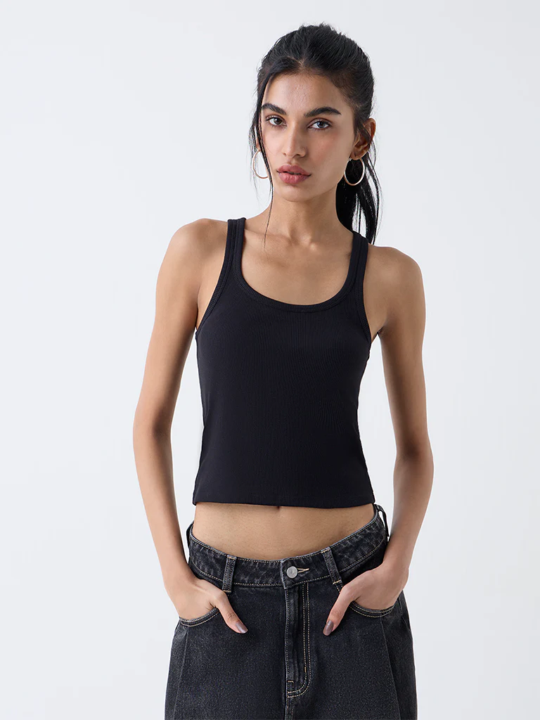 Nuon Black Ribbed-Textured Cotton-Blend Tank Top