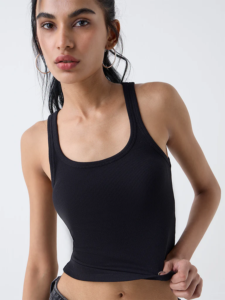 Nuon Black Ribbed-Textured Cotton-Blend Tank Top - Image 3