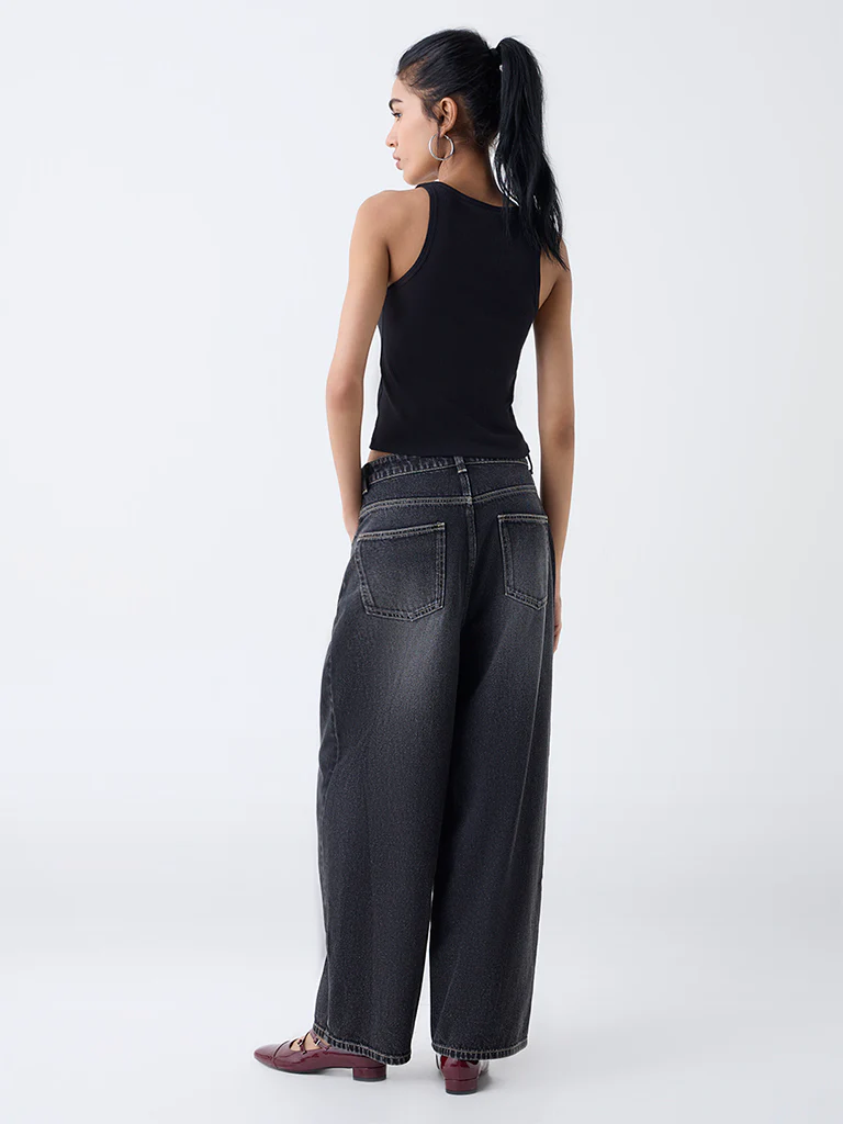 Nuon Black Ribbed-Textured Cotton-Blend Tank Top - Image 4