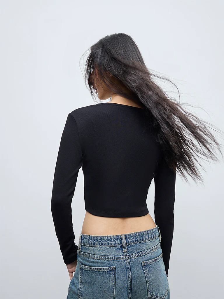 Nuon Black Ribbed-Textured Cotton-Blend Top - Image 4