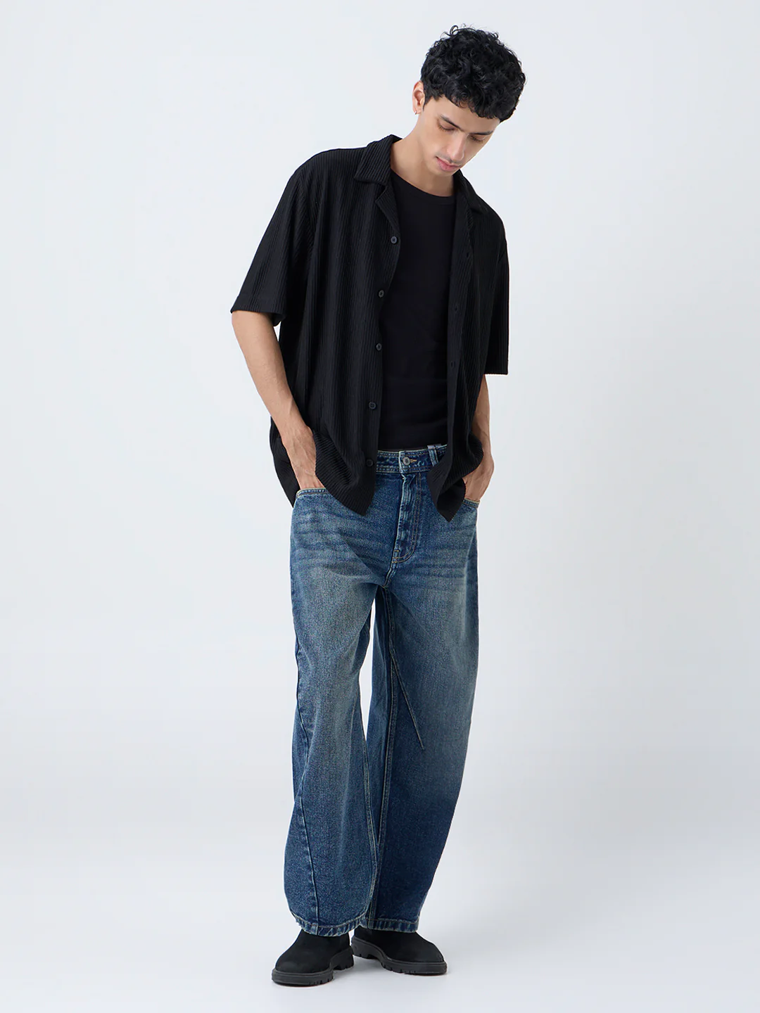 Nuon Black Ribbed-Textured Relaxed-Fit Shirt