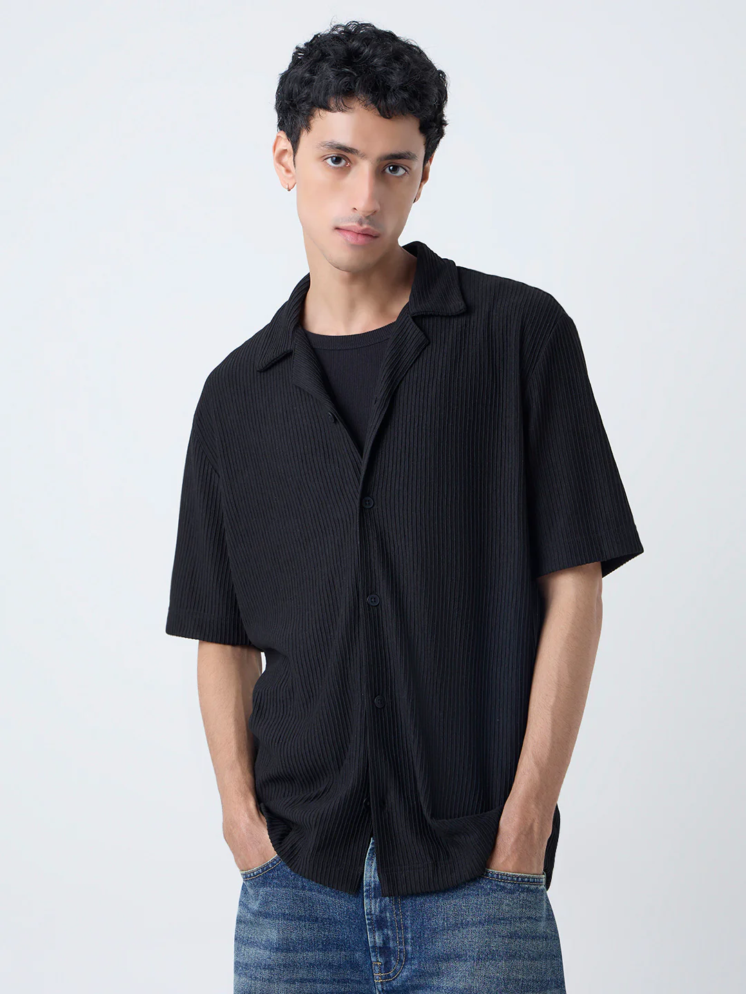 Nuon Black Ribbed-Textured Relaxed-Fit Shirt - Image 2