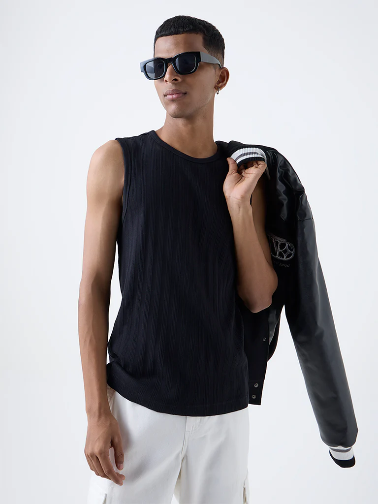 Nuon Black Ribbed-Textured Slim-Fit Cotton-Blend T-Shirt - Image 3