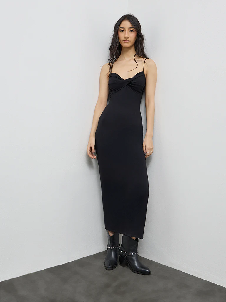 Nuon Black Ribbed-Textured Straight Dress - Image 3