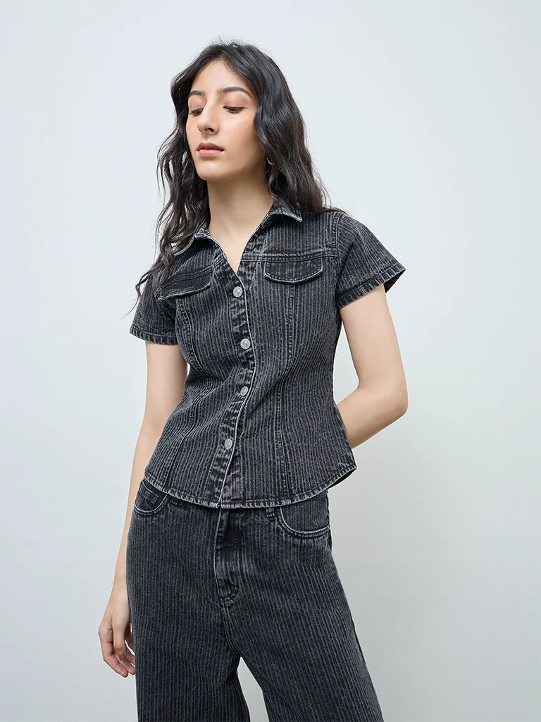 Nuon Black Self-Striped Denim Shirt