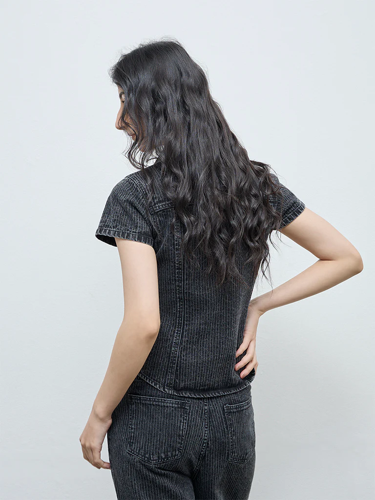 Nuon Black Self-Striped Denim Shirt - Image 4