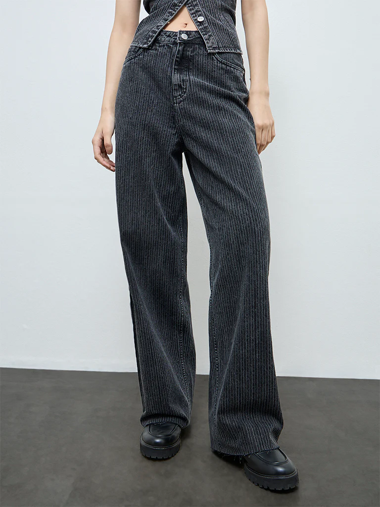 Nuon Black Self-Striped High-Rise Cotton Jeans - Image 2
