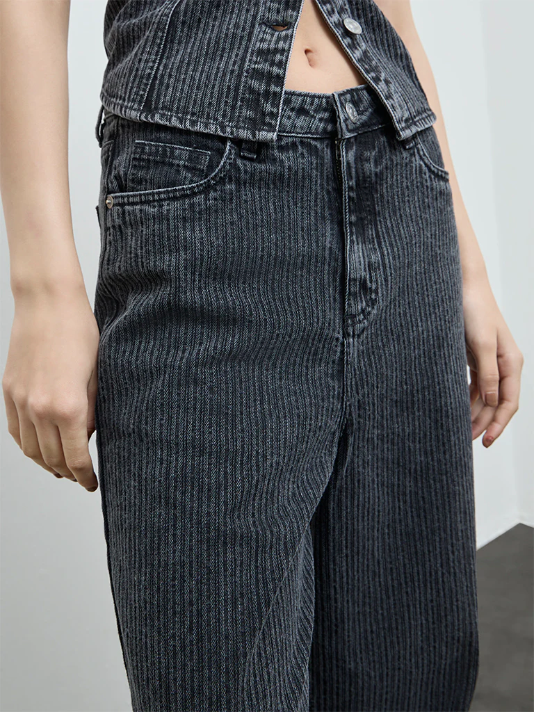 Nuon Black Self-Striped High-Rise Cotton Jeans - Image 3