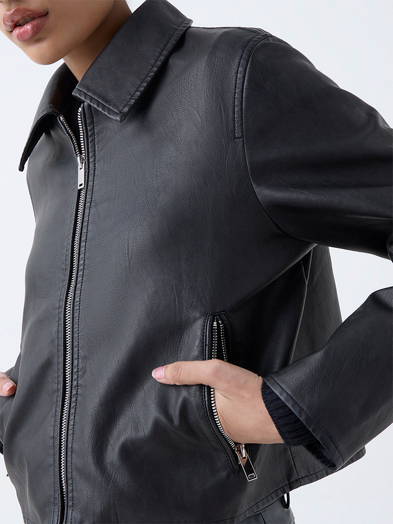 Nuon Black Solid Faux-Leather Jacket - Image 3