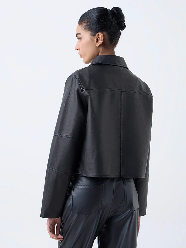 Nuon Black Solid Faux-Leather Jacket - Image 4