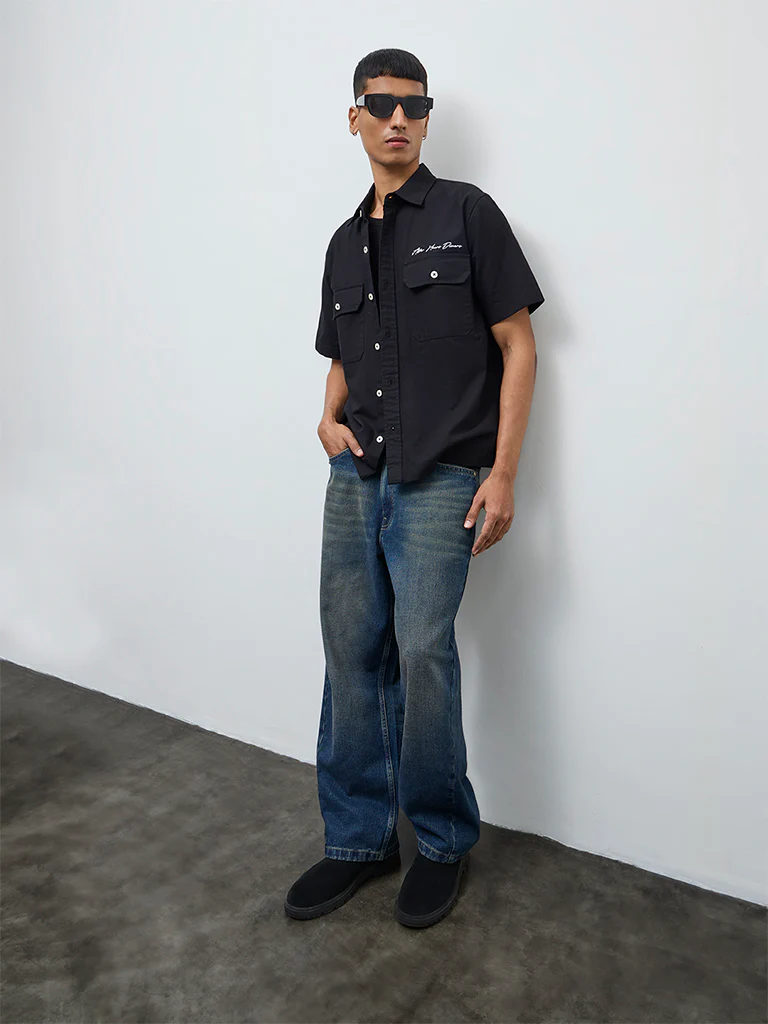 Nuon Black Solid Relaxed-Fit Cotton Shirt - Image 2