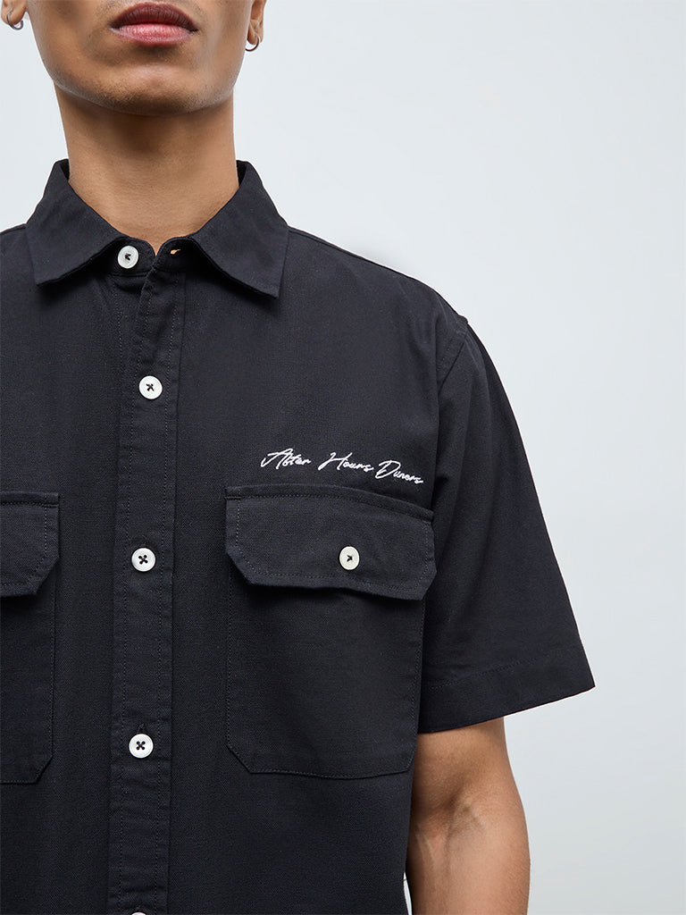 Nuon Black Solid Relaxed-Fit Cotton Shirt - Image 3