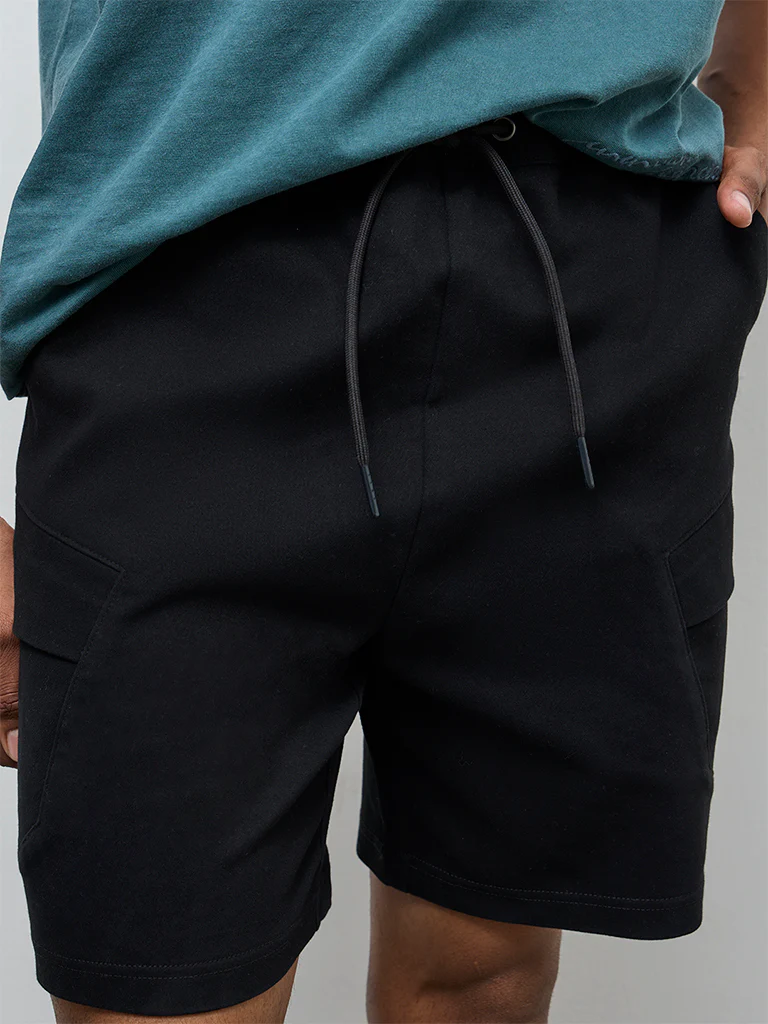 Nuon Black Solid Relaxed-Fit Mid-Rise Cotton-Blend Shorts - Image 4
