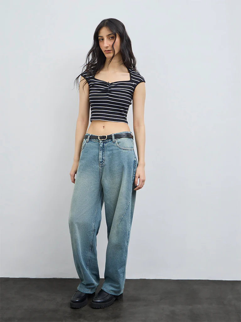 Nuon Black Stripe Pattern Cotton-Blend Top