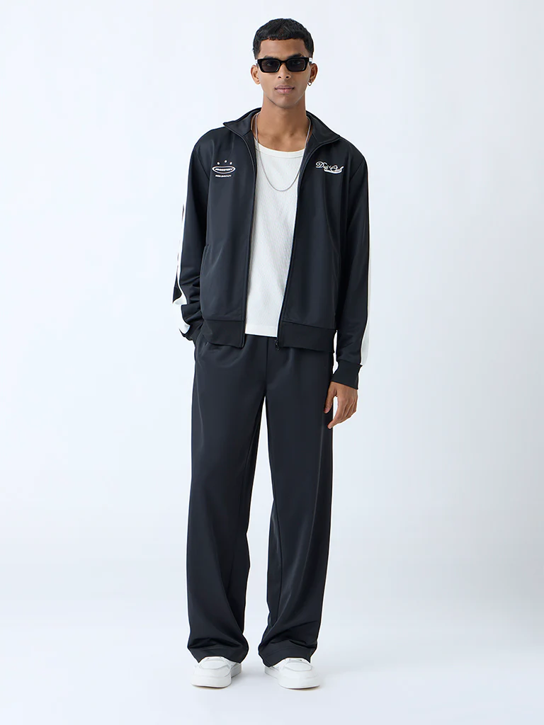 Nuon Black Striped Relaxed-Fit Mid-Rise Pants