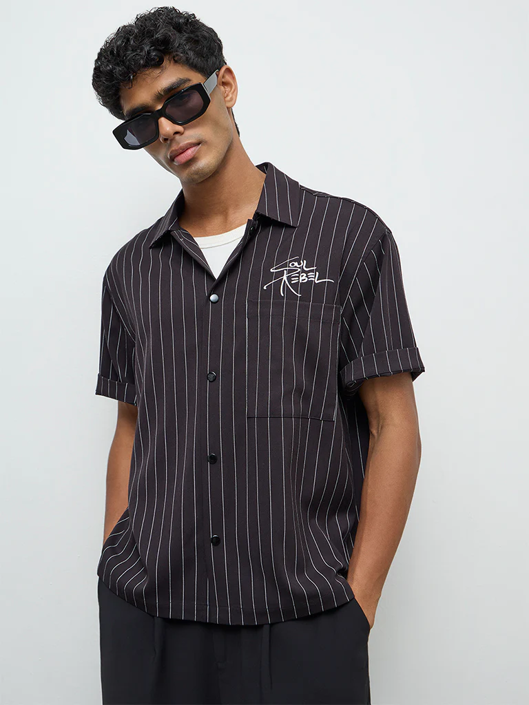 Nuon Black Striped Relaxed-Fit Shirt