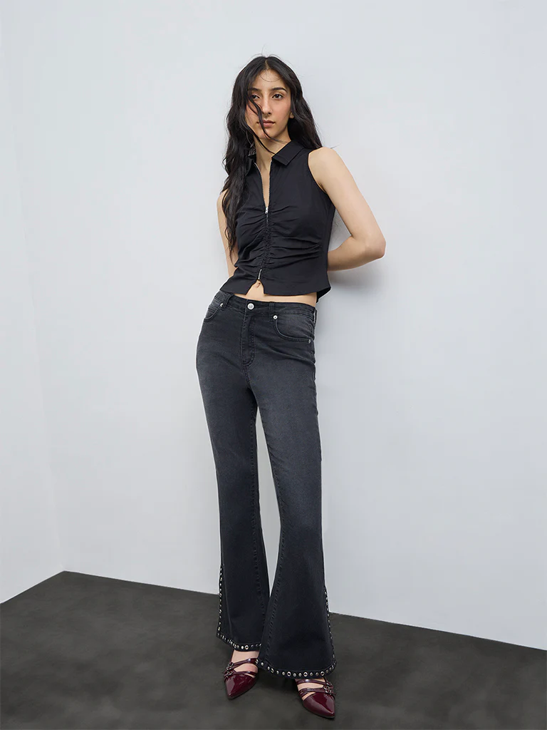 Nuon Black Stud-Detailed High-Rise Bootcut Jeans