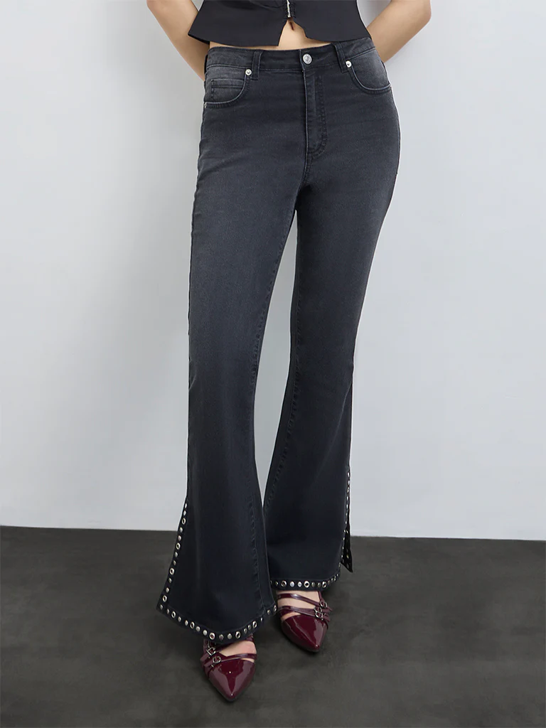 Nuon Black Stud-Detailed High-Rise Bootcut Jeans - Image 2