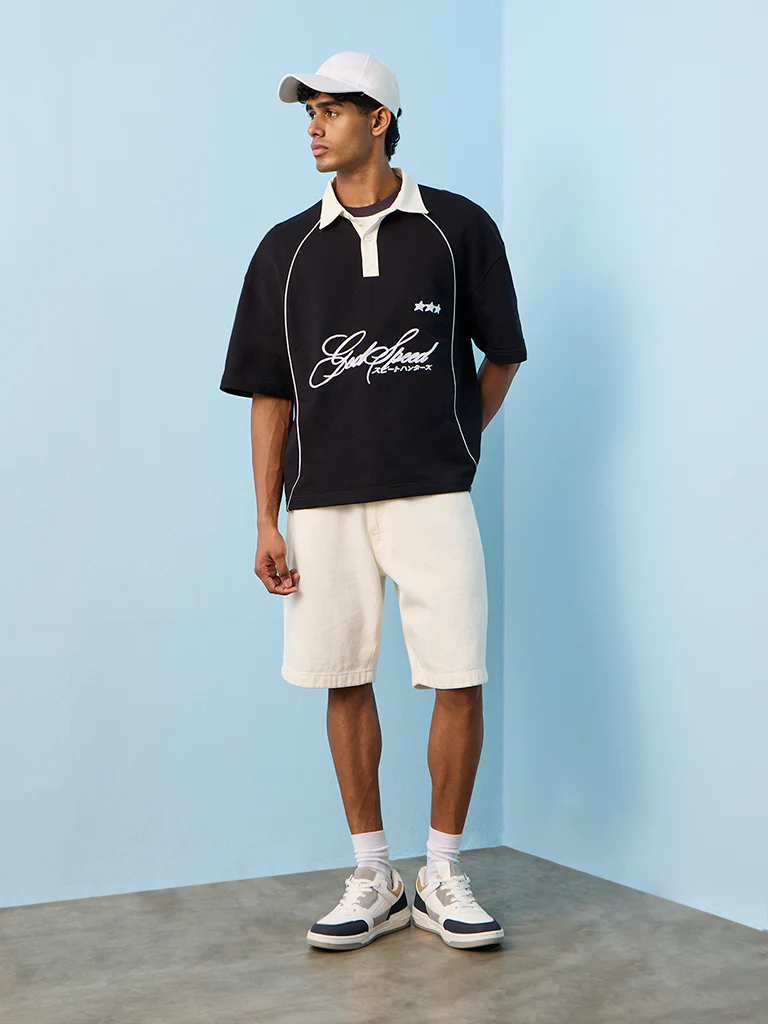 Nuon Black Text-Design Oversized-Fit Cotton Polo T-Shirt - Image 2