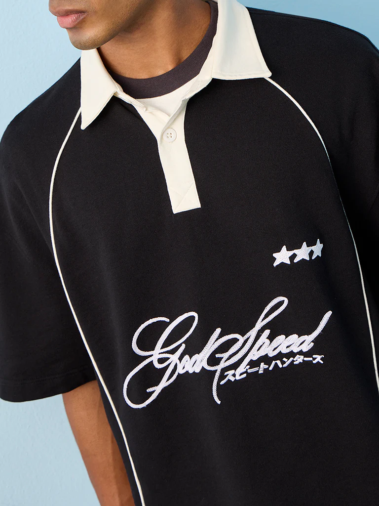 Nuon Black Text-Design Oversized-Fit Cotton Polo T-Shirt - Image 3