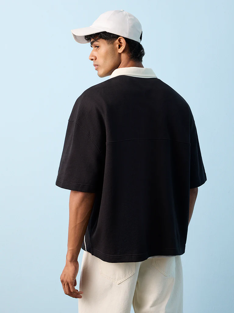 Nuon Black Text-Design Oversized-Fit Cotton Polo T-Shirt - Image 4