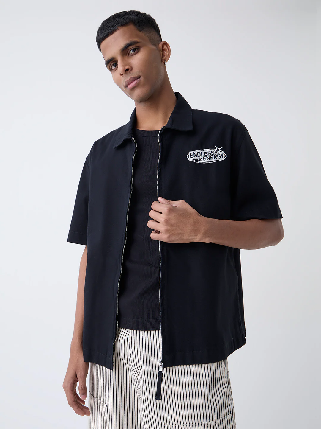 Nuon Black Text Design Relaxed-Fit Cotton Jacket
