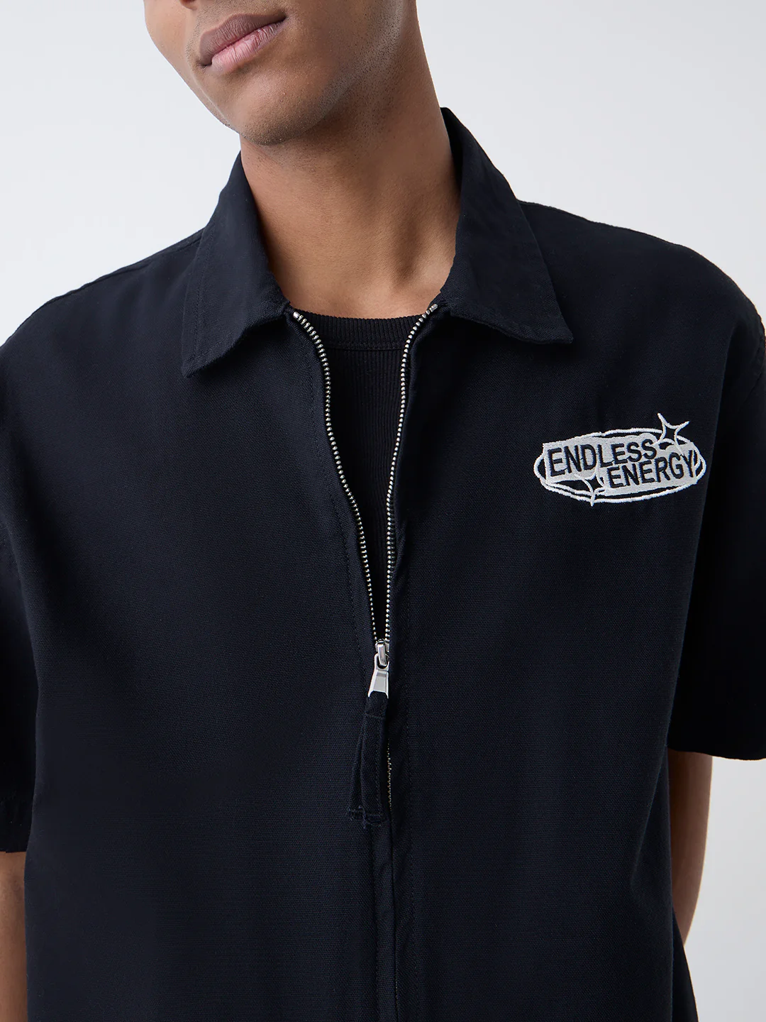 Nuon Black Text Design Relaxed-Fit Cotton Jacket - Image 3