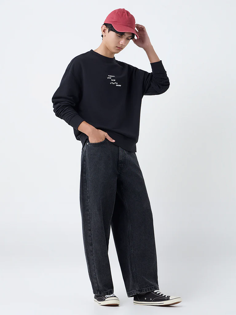 Nuon Black Text Design Relaxed-Fit Cotton Sweatshirt - Image 2