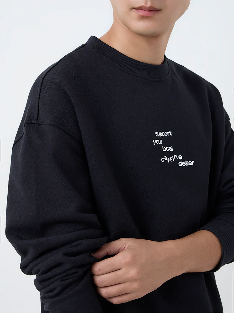Nuon Black Text Design Relaxed-Fit Cotton Sweatshirt - Image 3
