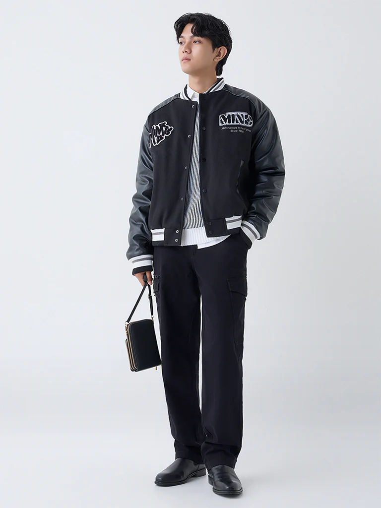 Nuon Black Text Design Relaxed-Fit Varsity Jacket - Image 2
