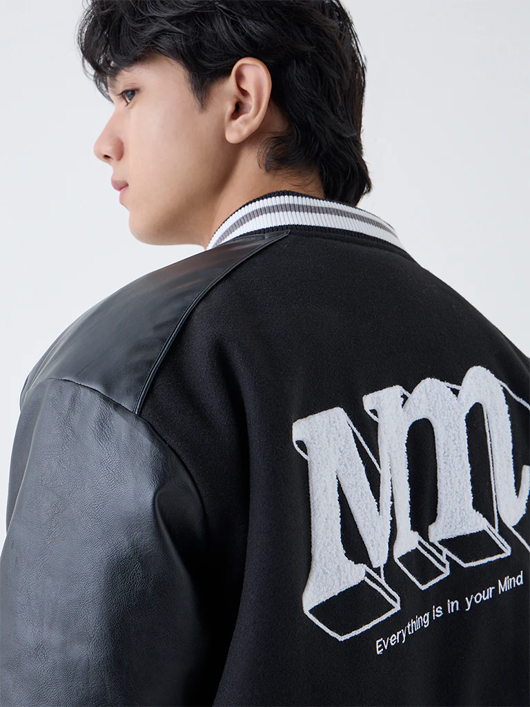 Nuon Black Text Design Relaxed-Fit Varsity Jacket - Image 3