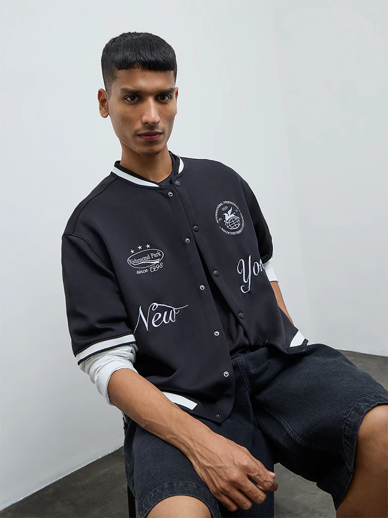 Nuon Black Text Detailed Relaxed-Fit Shirt
